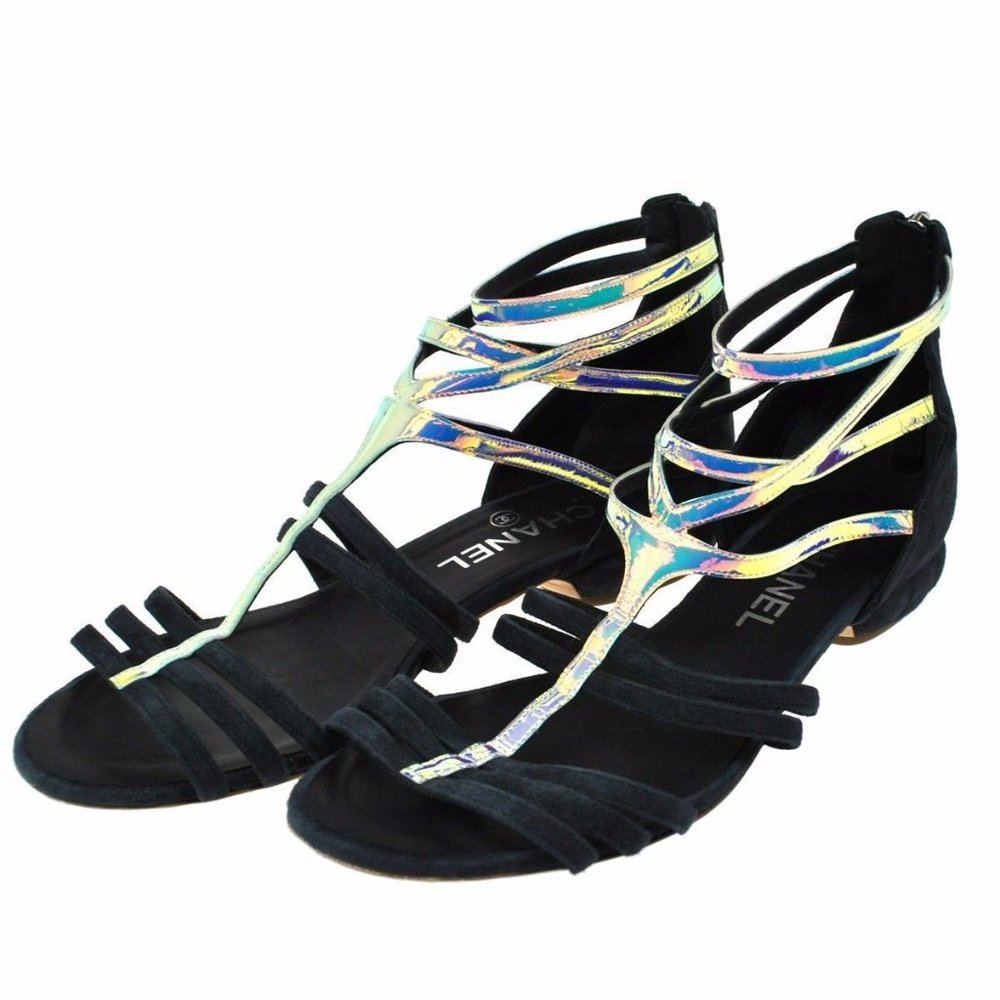 Chanel Blue Leather Suede/Silver Shoes 37.5 C